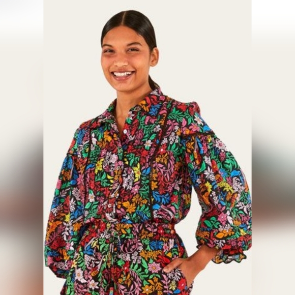FARM Rio Tops - FARM Rio Multicolor Tropical Garden Puff Sleeve Blouse
